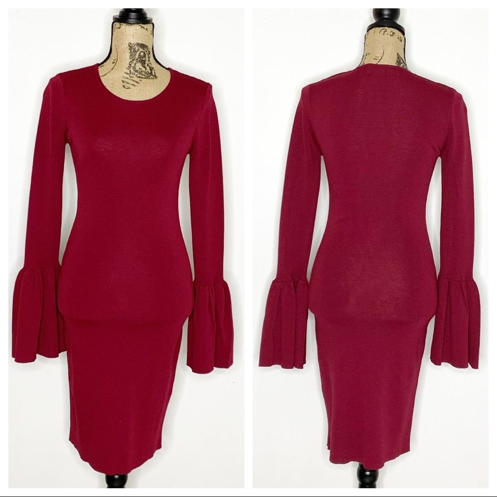 Bardot Flounce Sleeve Knit Bodycon Dress Red
